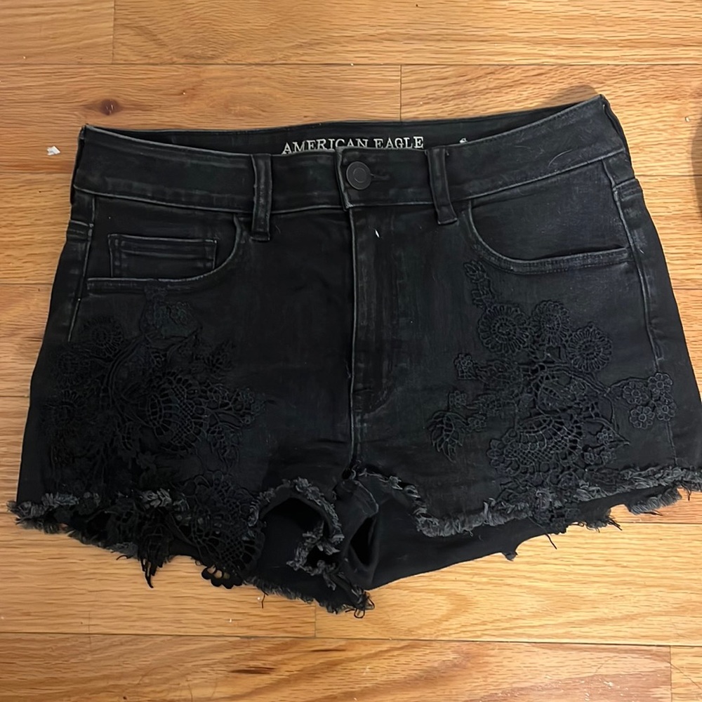black American eagle shorts with floral patchwork